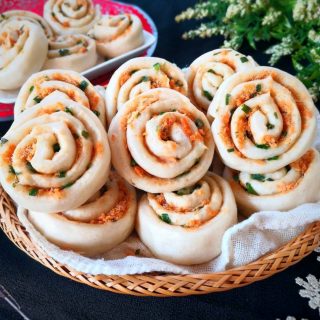 Chinese flower rolls with meat floss and chives asian style breakfast