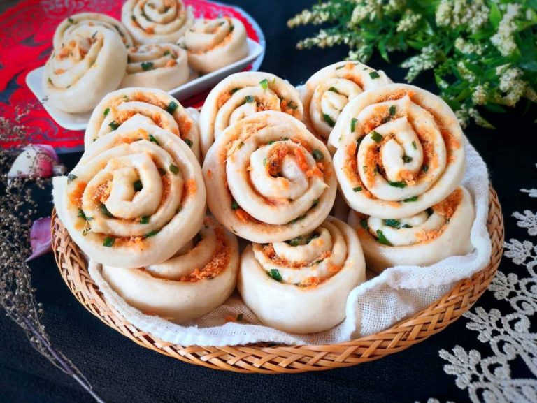 Chinese flower rolls with meat floss and chives asian style breakfast